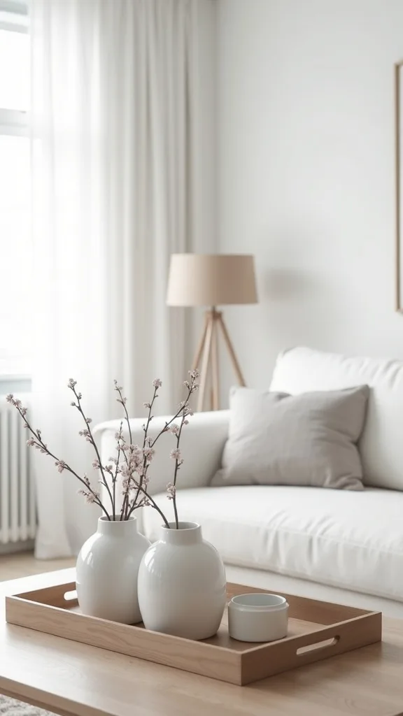 How do you style a coffee table tray in a monochromatic living room?