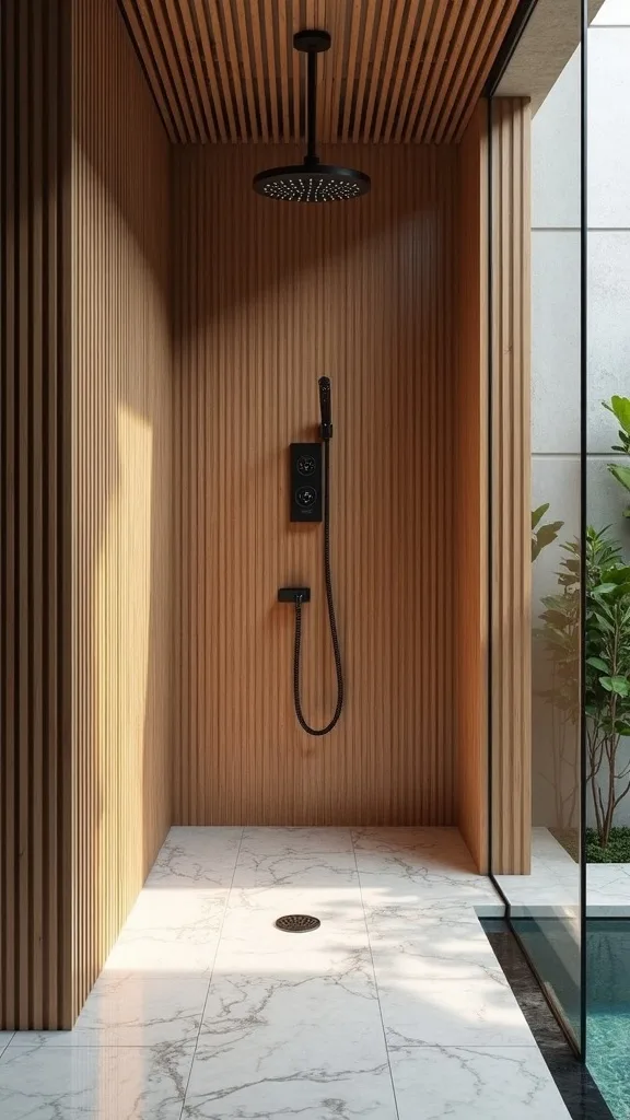 Teak enclosure + rainfall head + bamboo privacy + stone floor (the resort baseline)