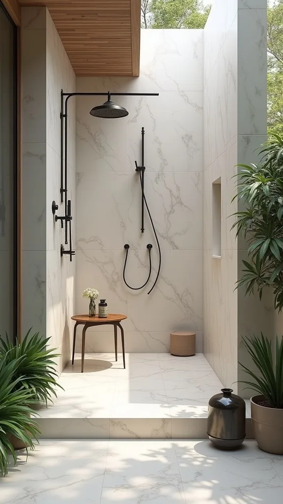 Can an outdoor shower double as a luxury pool bath moment?