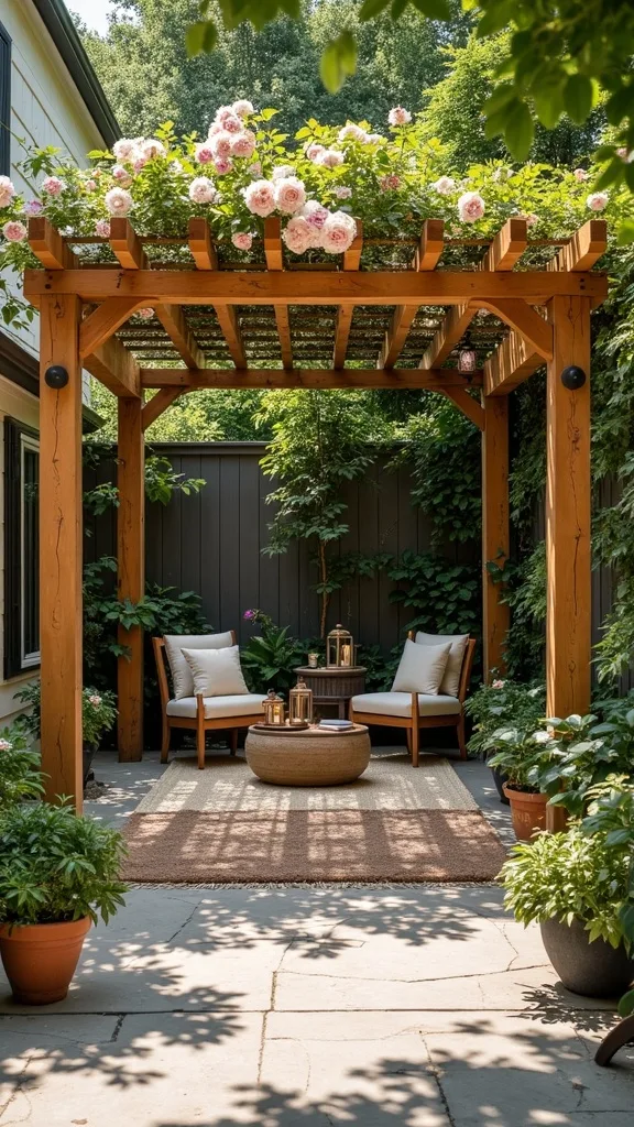 Cedar frame + wisteria, climbing roses, lanterns, and an outdoor rug