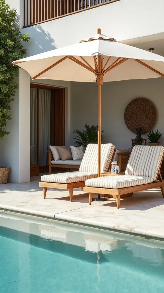Style a Teak Lounge Trio with Cabana Stripes, an Umbrella, and a Fresh Towel Station