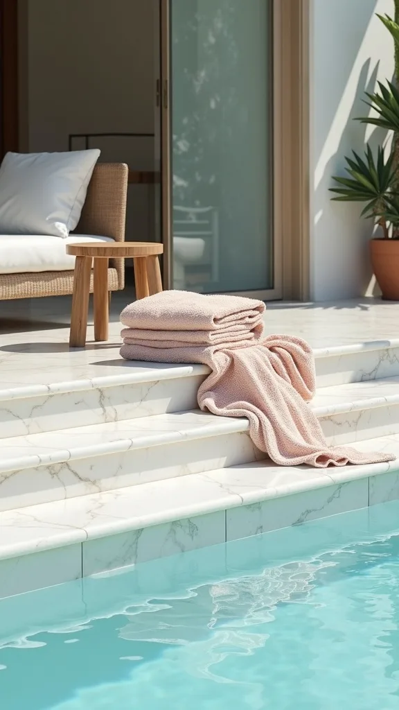 Make the Pool Steps a Feature with Matching Towels and a Small Stool