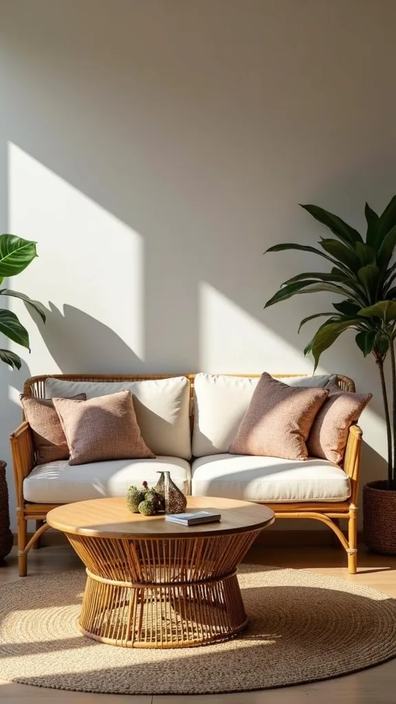 What coffee table shape works best with wicker and rattan seating?
