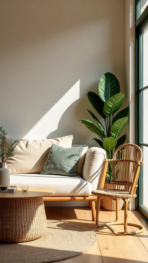Create a calm color story: sand, bone, and one green