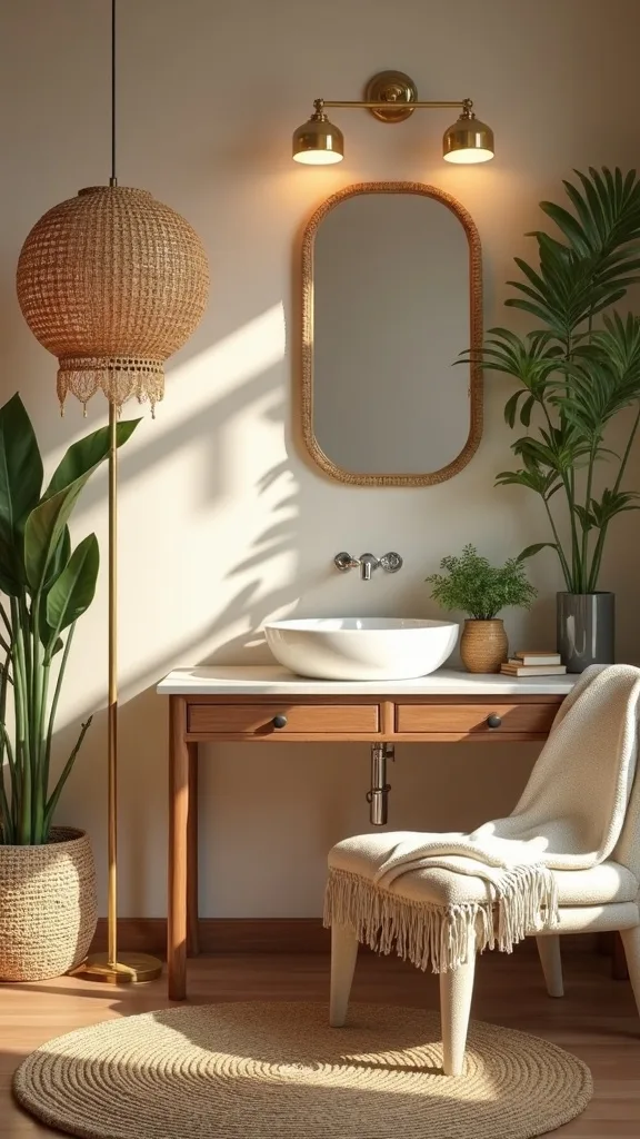 Add a floor lamp with a woven shade for layered light