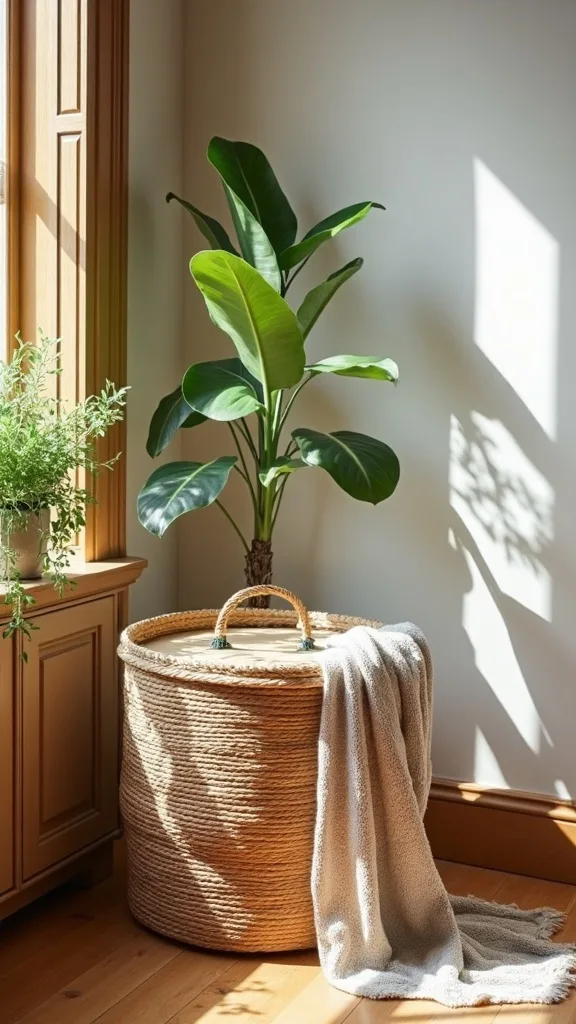 Create a “summer reset” corner with a lidded hamper basket