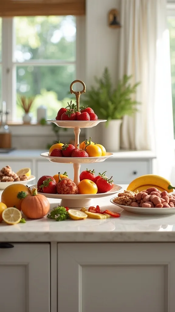 Island set for a crowd: tiered fruit stand, charcuterie flow, and the pull-out trash bin reveal