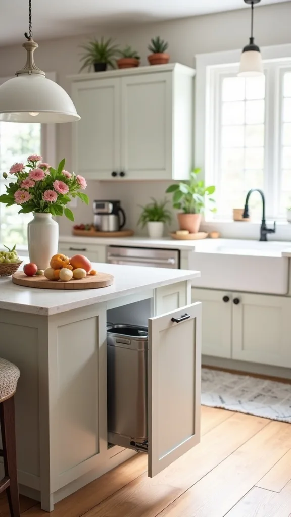 Add two trash touchpoints: island pull-out + a slim can near the patio door