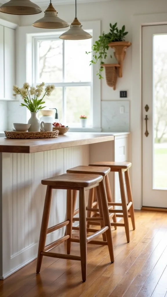 Make your island seating “perch-friendly” with footrests and bag hooks