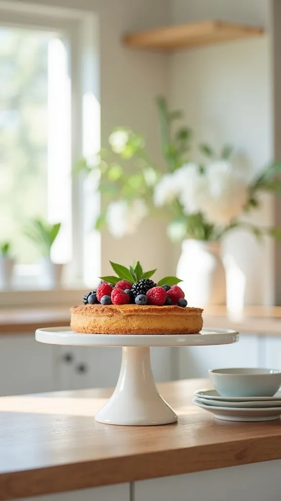 Set a “dessert landing” on a cake stand so the island can reset
