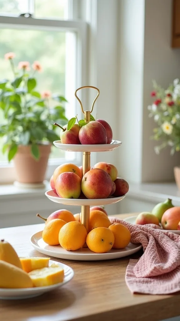 Use a tiered fruit stand as a “vertical centerpiece” to free up counter space