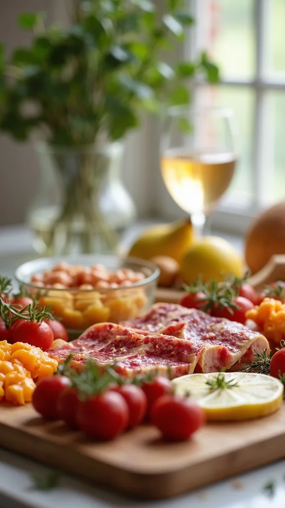 Build a charcuterie layout that flows left-to-right like a menu