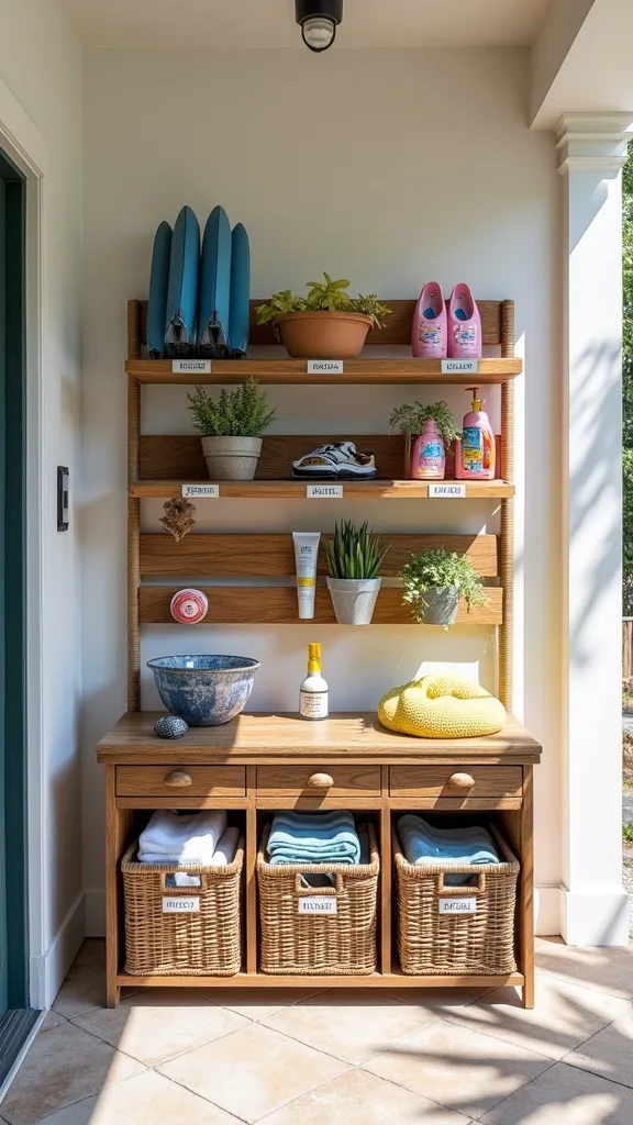 Outdoor wicker bin station with labeled slots (floats, goggles, sunscreen, towels)