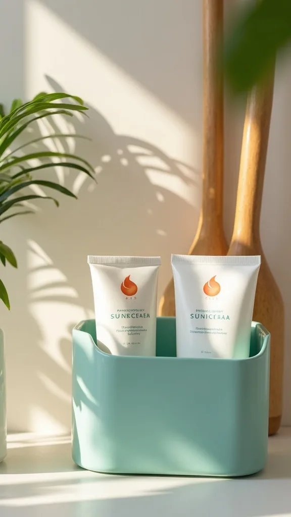 Sunscreen caddy with a leak-proof tray (no oily shelf rings)
