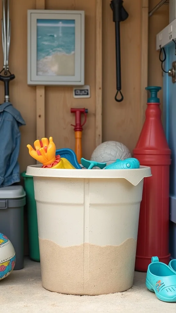 Garage “sand containment” bin for beach toys and shoes