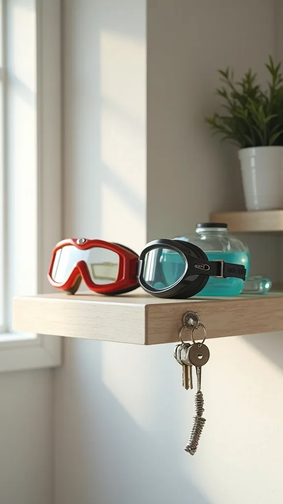 Floating shelf for goggles and keys (keeps counters clear)