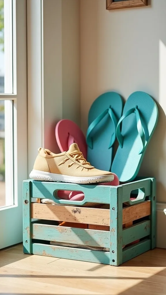 Flip-flop and water shoe crate with a vinegar wipe routine