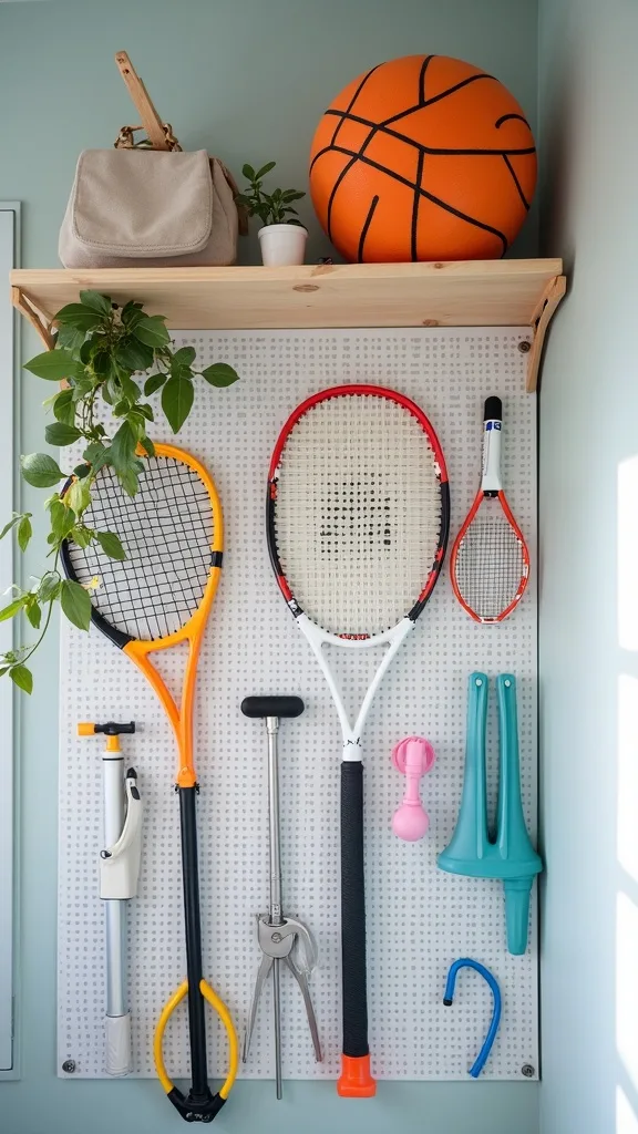 Thrifted pegboard wall for racquets, goggles, and pump handles