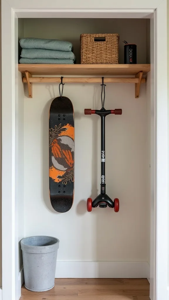 Skateboard and scooter wall rail from a $12 closet rod
