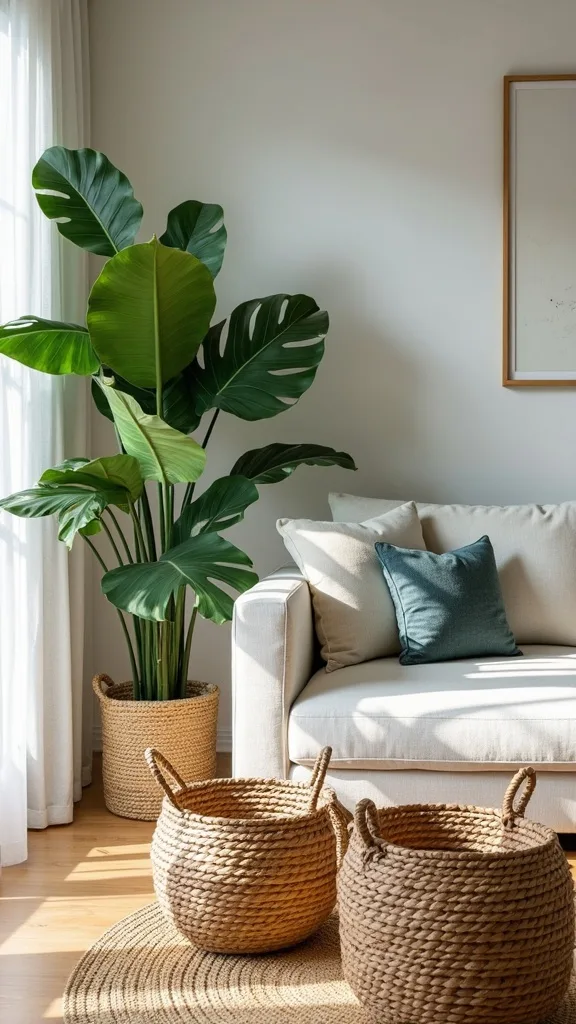 Start with the hero vignette: giant monstera + basket + banana leaf accent + rattan + jute