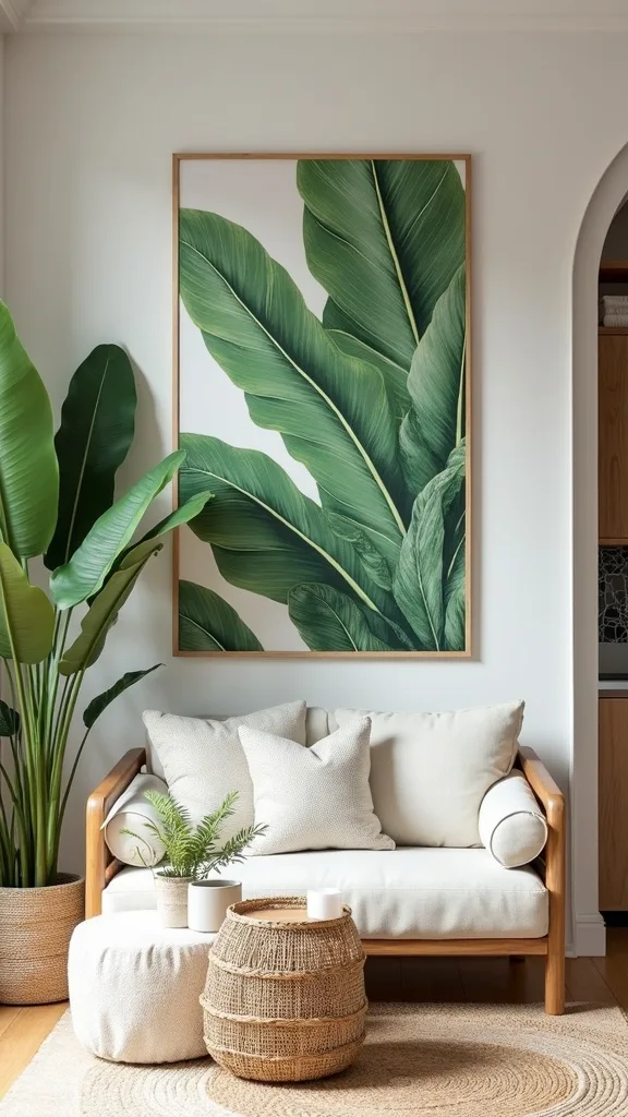 Use a palm-frond gallery wall instead of one tiny piece of art