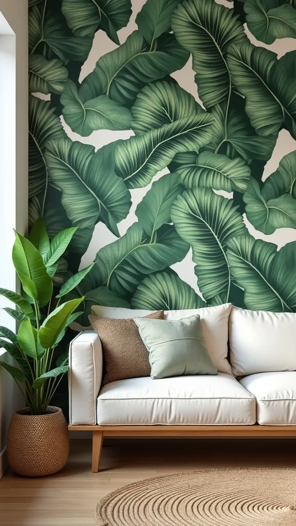 Use banana leaf wallpaper as an accent—not a full-room takeover