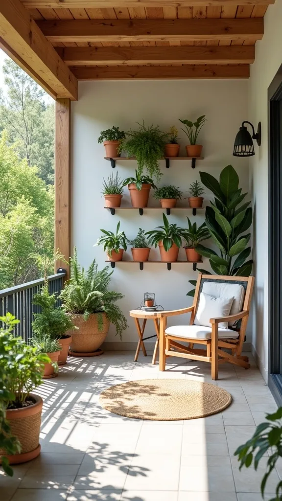 How do I maximize a small covered patio with vertical elements and versatile furniture?