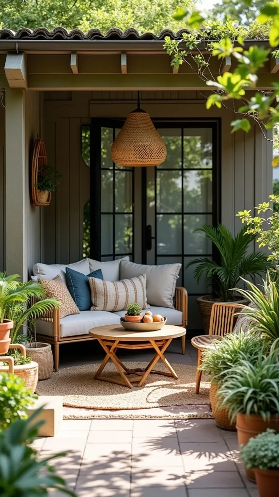 How can I make a small covered patio feel like an outdoor living room?