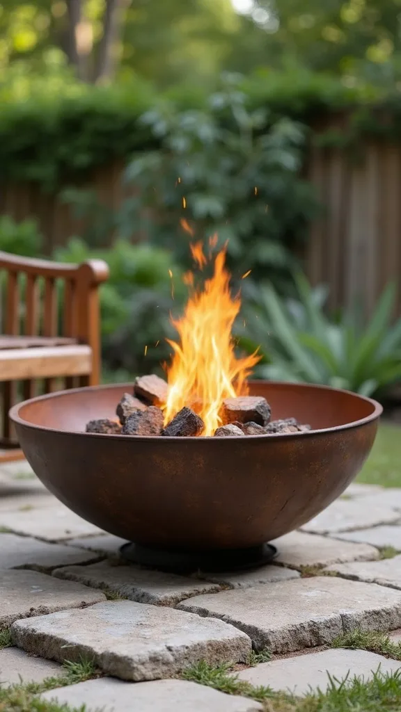 Thrifted steel fire bowl on a paver “rug” (the $30–$90 win)