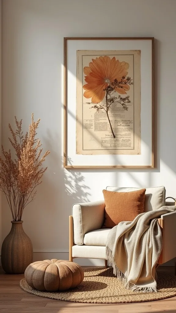 Swap summer art for earthy prints (dried florals, warm abstracts, vintage maps)