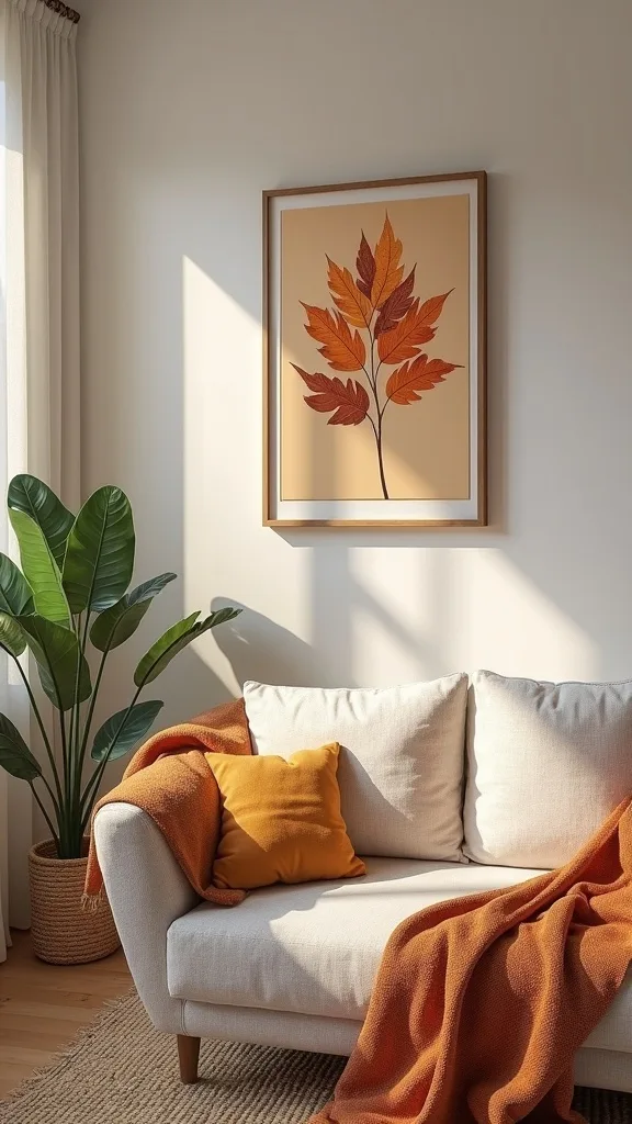 What should you avoid when styling autumn artwork in a living room?
