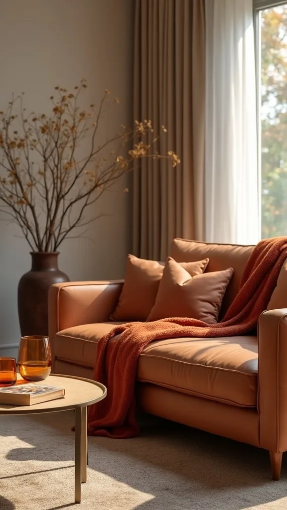 Anchor the look with amber glass, rust velvet, and cognac leather on a neutral base