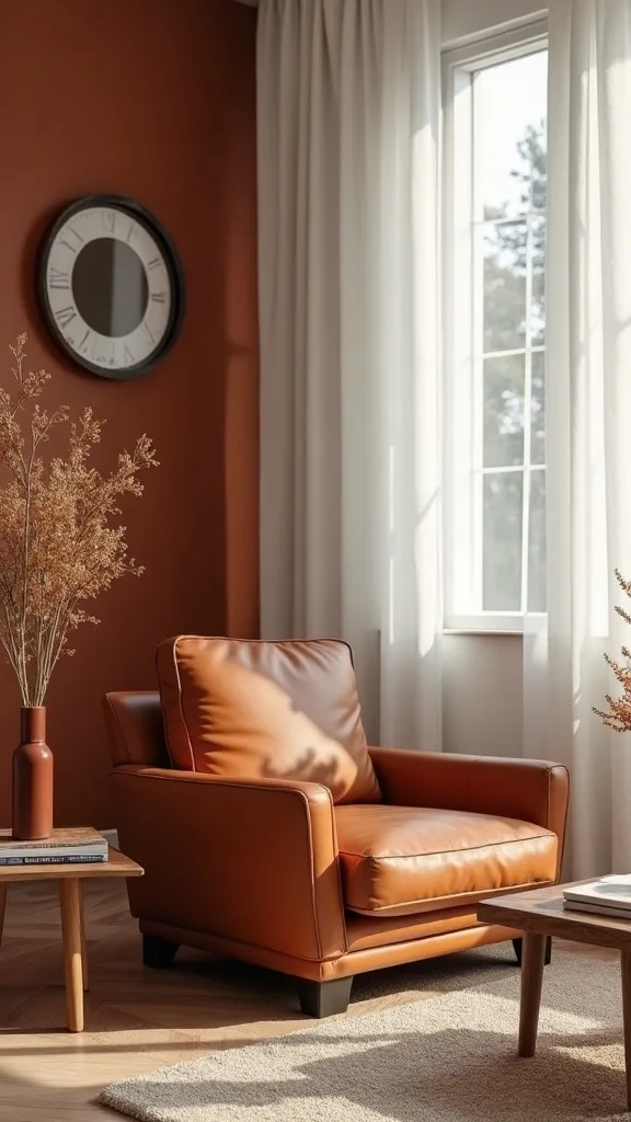 How can a cognac leather side chair warm up a neutral living room?