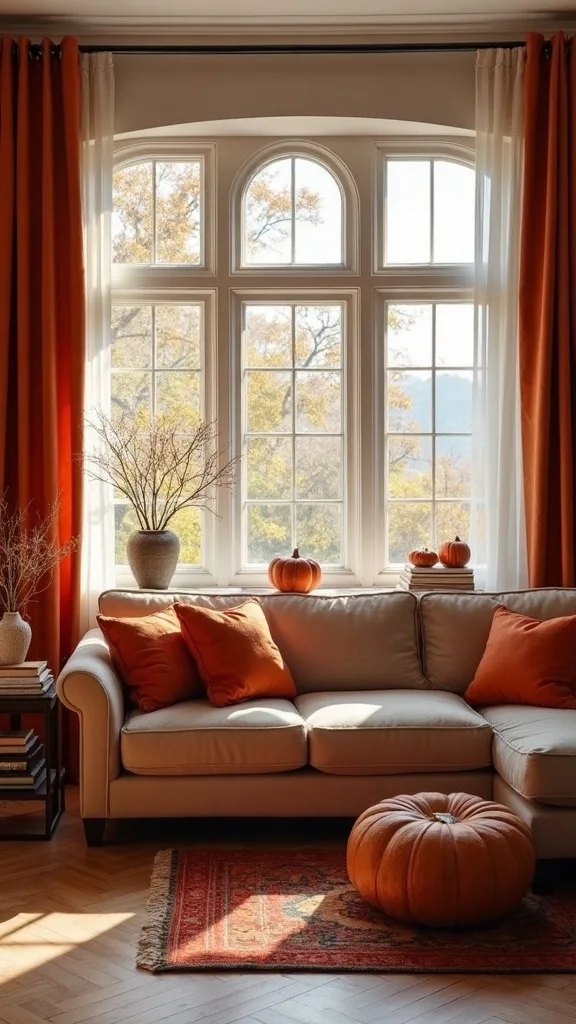 What window treatment tweak makes an autumn living room feel softer?
