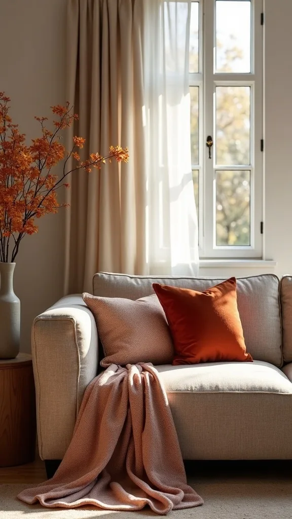 How do you make a neutral sofa feel fall-ready without new upholstery?