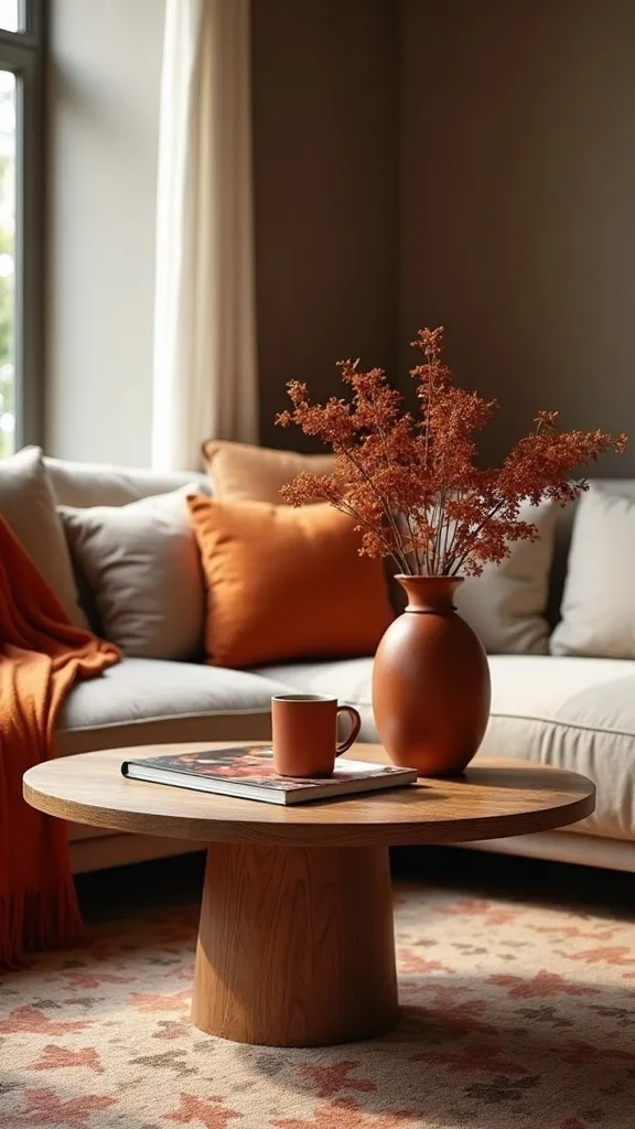 How do you style a coffee table with autumn tone decor without clutter?