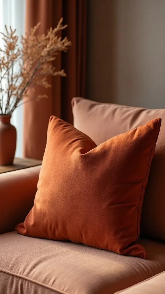 What pillow formula makes rust velvet look tailored, not themed?