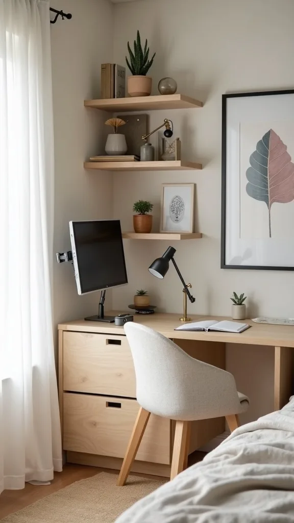 Build the “Corner Command Center” (monitor arm + floating shelves + charging + supplies)