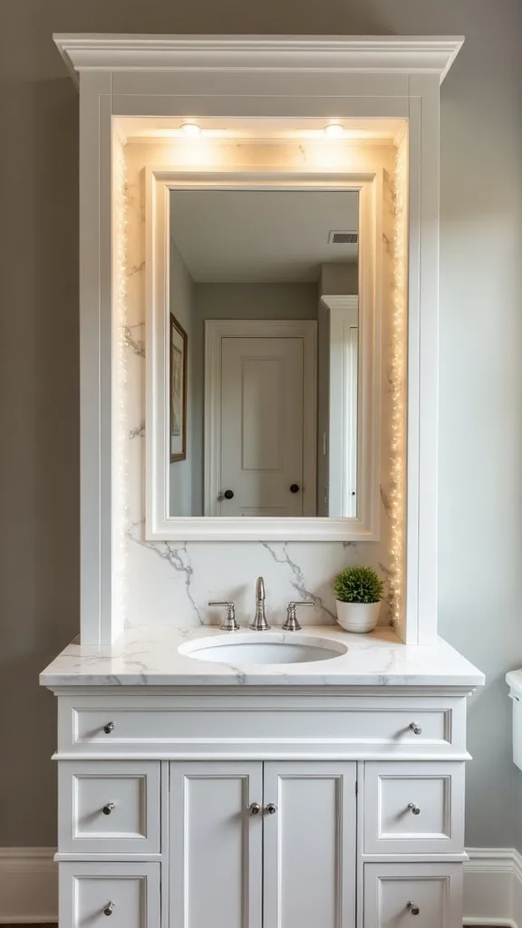 Recessed medicine cabinet with integrated mirror, side shelves, and interior LED strip lighting