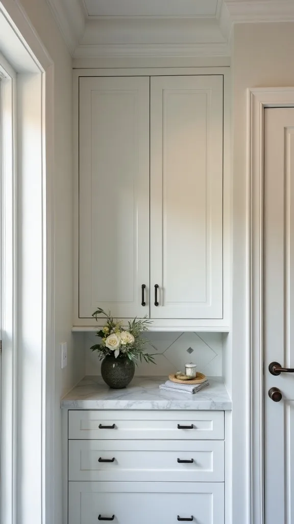 Built-in cabinet above the door for rarely used backstock