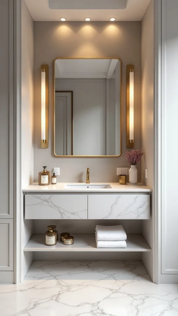 Built-in floating vanity with a recessed shelf underneath