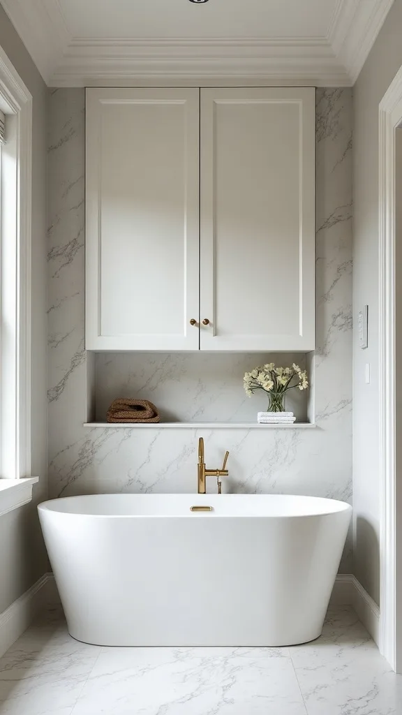 Built-in wall cabinet above a freestanding tub for bath rituals