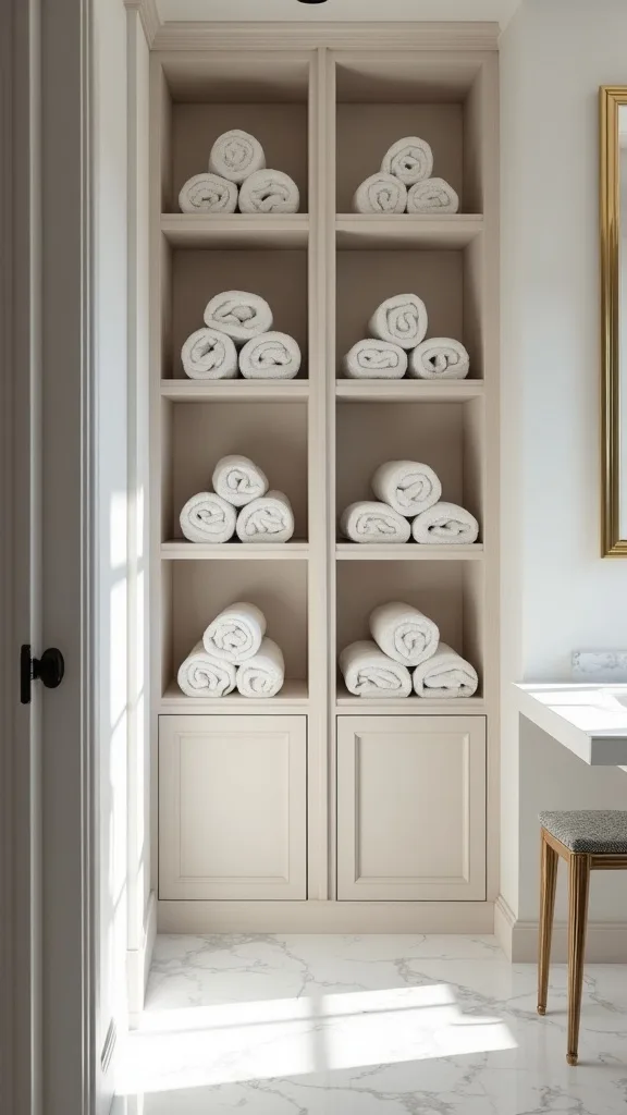 Built-in cubbies for rolled towels (spa look, real-life function)