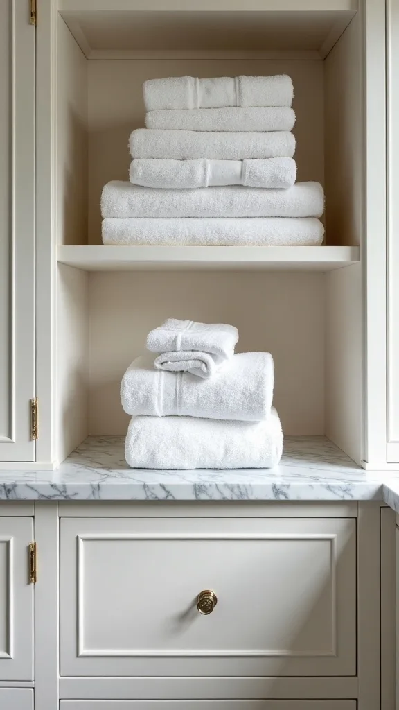 Built-in shelf above the towel bar for frequently used linens