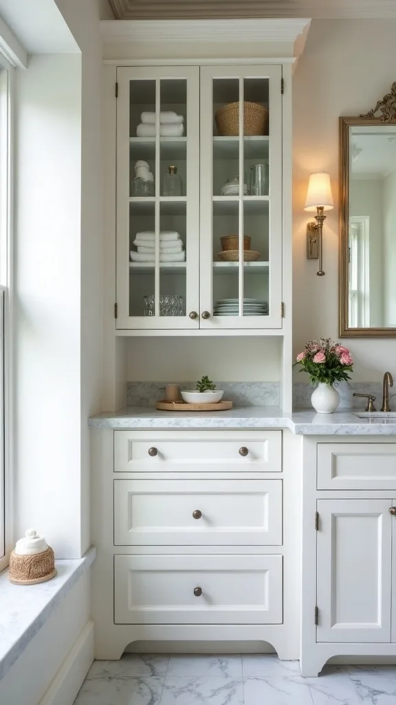 Built-in cabinet with glass-front doors for “pretty storage”