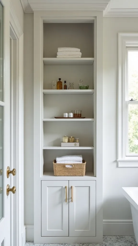 Tall linen cabinet built into a dead corner
