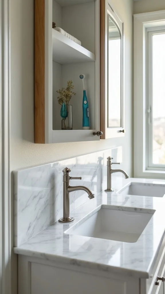 Mirror-front cabinet with hidden outlet for toothbrushes and chargers