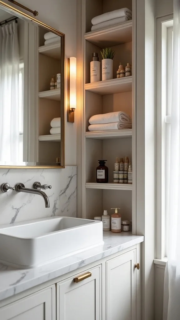 Built-in open shelves beside the mirror for daily essentials