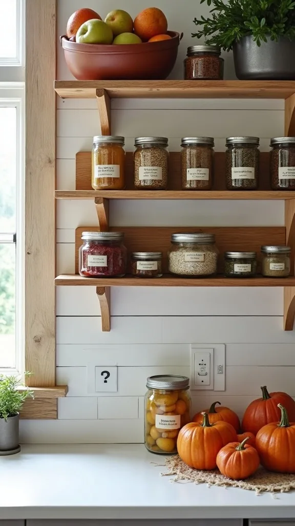 The “All-in-One” Harvest Wall: Mason jar shelf + fruit station + labels + spice rack