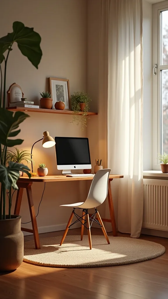 Build a “warm core” with a desk lamp, wool mat, plant shelf, and smart speaker